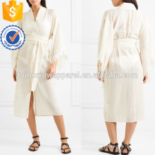 Beige Fransen V-Ausschnitt Baumwolle Langarm Midi Sommerkleid mit Gürtel Herstellung Großhandel Mode Frauen Bekleidung (TA0247D)